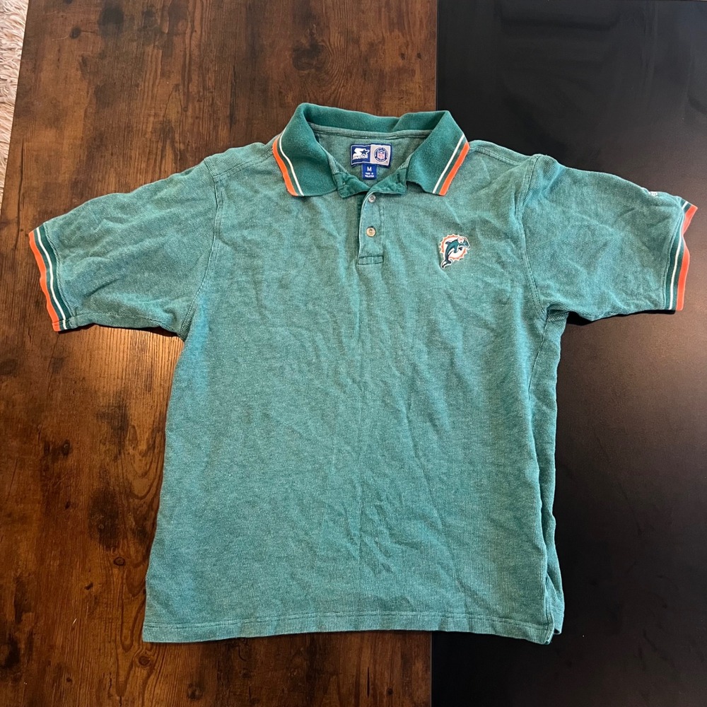 Vintage Starter NFL Miami Dolphins Aqua Teal Waffle Knit Polo Shirt Mens Medium